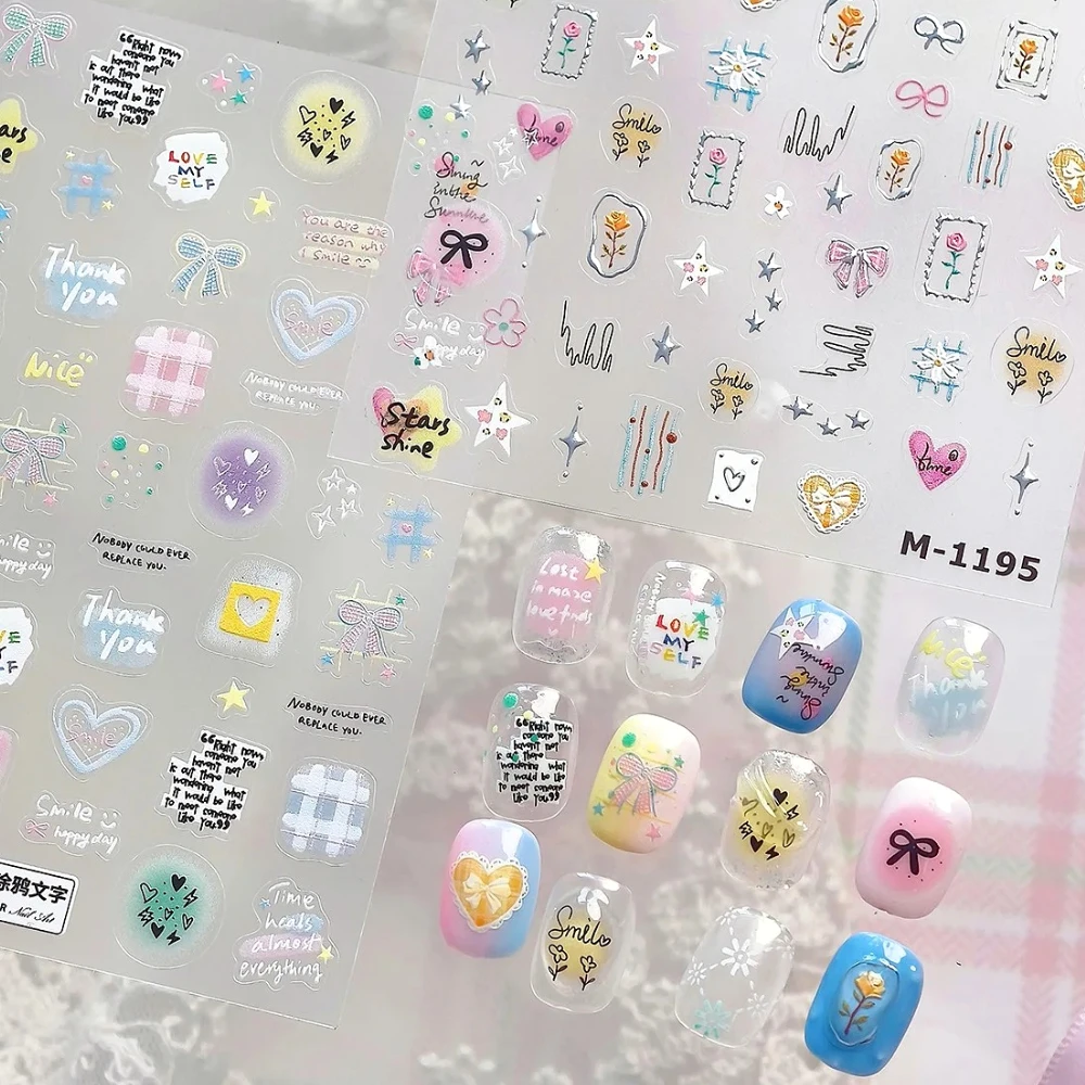 

Silver Colorful Graffit Stars Rose Bowknot Love Text Lines 5D Embossed Self Adhesive Nail Art Stickers Lovely 3D Manicure Decals