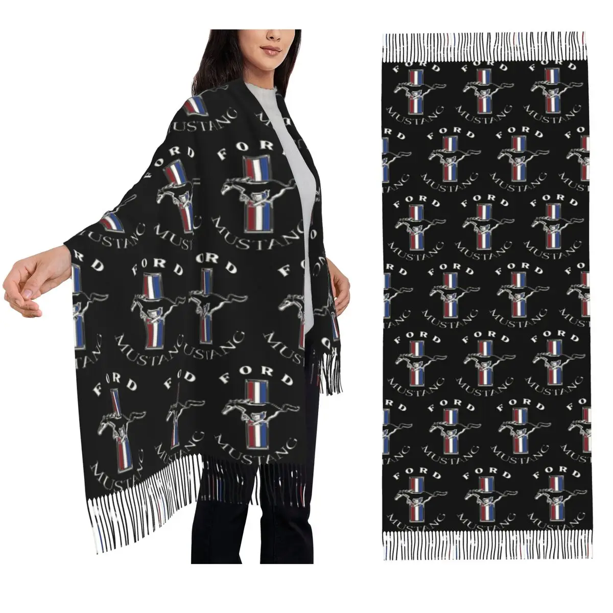 

Цветной шарф с логотипом Ford Mustang, шарфы с кисточками для женщин, мягкие теплые шали и накидки, большая осенне-зимняя шаль