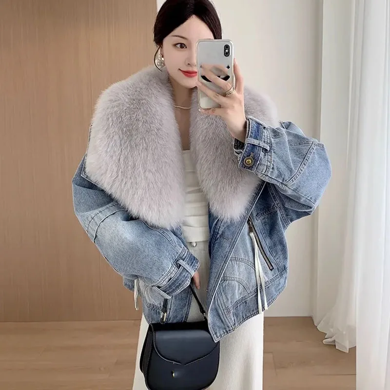 New Winter Imitation Fox Fur Big Fur Collar Denim Jacket Short Casual Down Cotton Lining Base Coat Women Warm Parka Outerwear