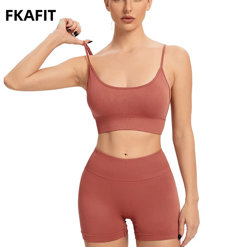 Sport Suit Women Workout Sportswear Fitness Bra Cross Strap Crop Top High Waisted Shorts Athletic Seamless Yoga Set Gym Clothing