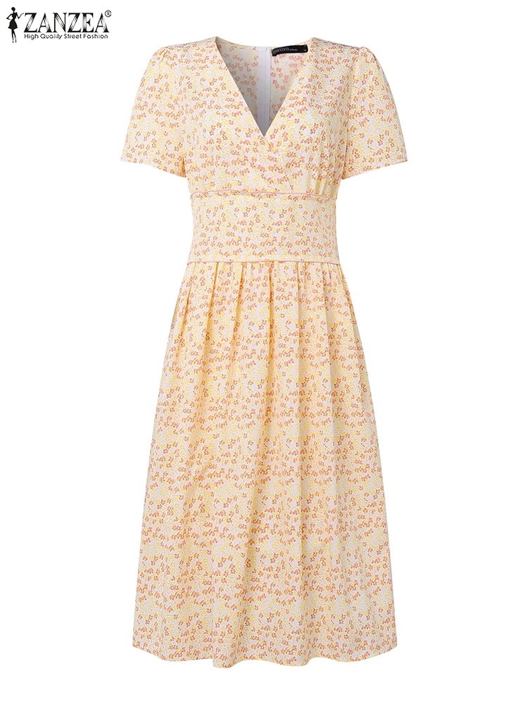 

ZANZEA Short Sleeve Ditsy Floral Pleated Robes Bohemian Woman Summer High Waisted A-line Vestidos V-Neck Elegant Midi Dresses