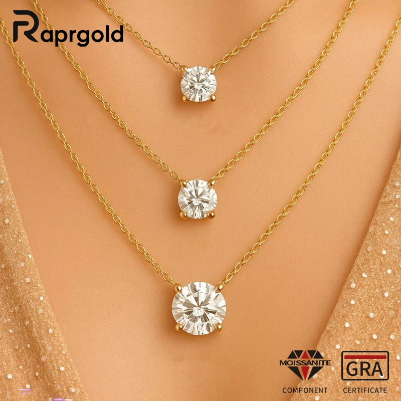 

RAPRGOLD GRA Certified D VVS1 0.5-5ct Round Cut Moissanite Pendant Necklaces for Women Neck Fine Jewelry Chain Gifts collares