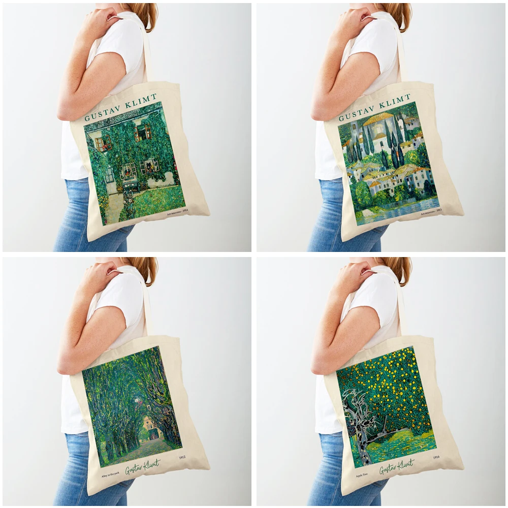 Gustav Klimt Green Flower Garden Flora Shopping Bag Double Print Eco Casual Nordic Shopper Bags Lady Canvas Tote Women Handbag