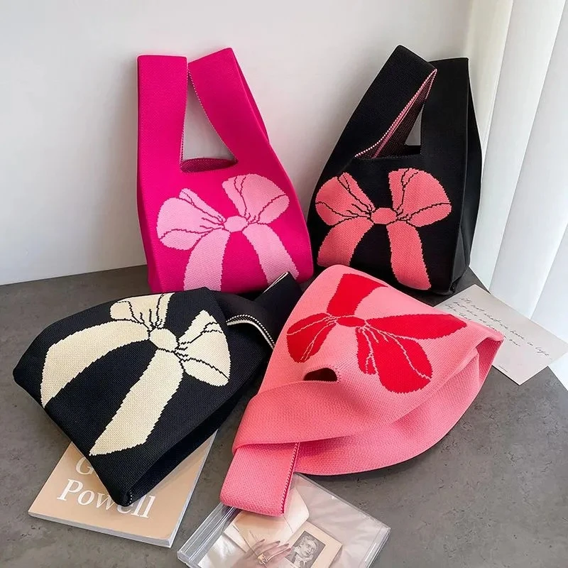 Bolsas de malha bowknot para mulheres, bolsa de pulso artesanal, sacola casual pequena de arco, sacolas de compras reutilizáveis para meninas, novas