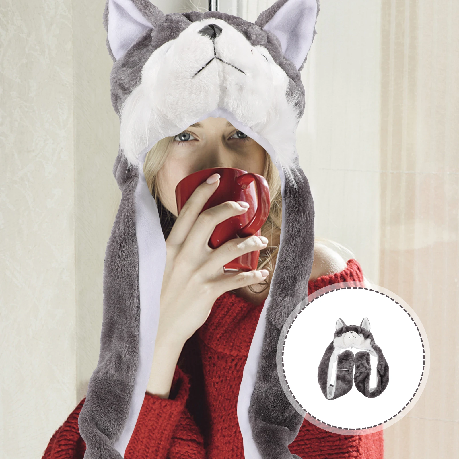 

Animal Design Hoodie Kids Gloves Set Outdoor Thermal Thick Warm Hat Winter Accessory Decorative Hood Scarf Warm Puppy Scarf