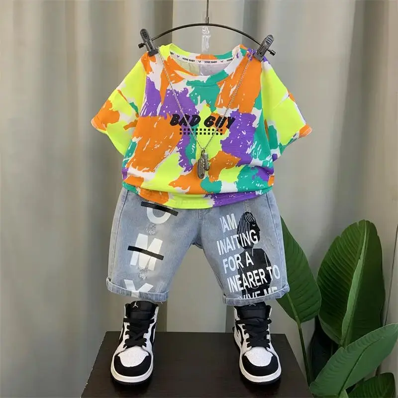 Meninos roupas de verão moda infantil manga curta conjunto nova edição coreana moda meninos verão fino casual conjunto de duas peças