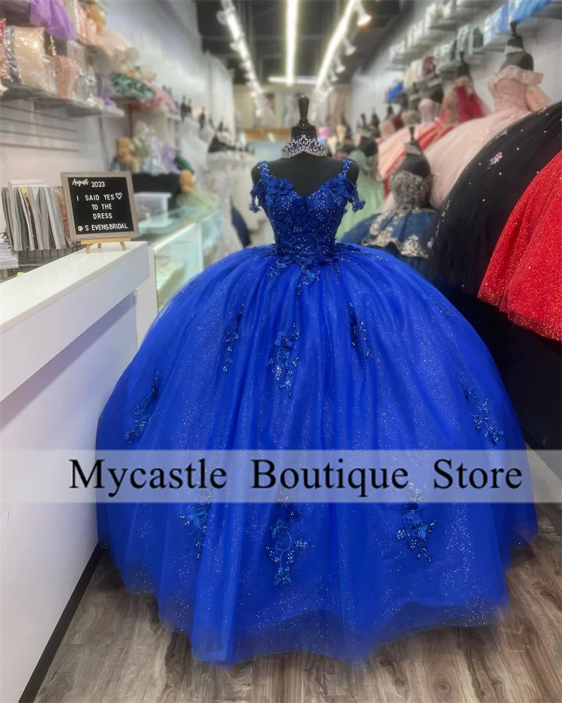 Royal Blue Ball Gown Appliques Beads Quinceanera Dresses 2025 Crystals 3D Flower Sweet 16 Dress Customized Vestidos De 15 Años