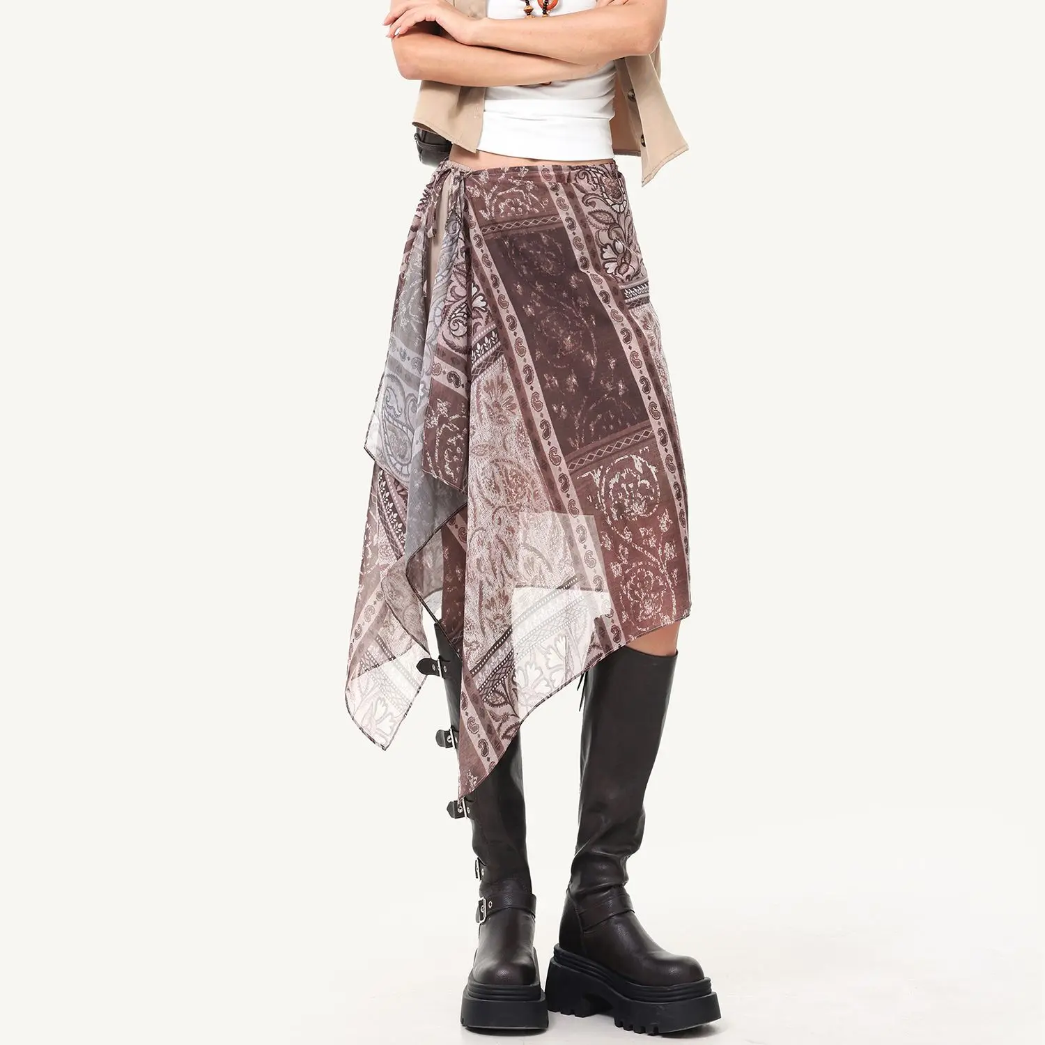 Bohemian Asymmetrical Wrap Skirt Women's Brown Paisley Print Chiffon Midi Skirts 2000s Grunge Y2K Unique Hip Hop Dress Harajuku