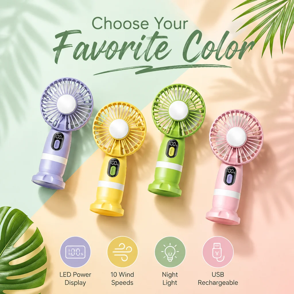 Multi-Speed Mini Handheld Fan with LED Power Display & Night Light USB Rechargeable Desk Fan