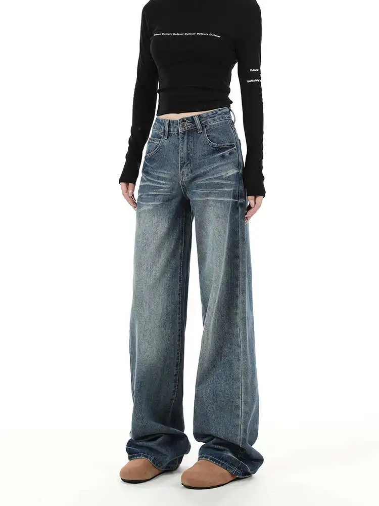 

Harajuku Y2K Loose Washed Blue Jeans Women's Streetwear Retro High Waisted Pants High Street Loose Wide Leg Denim Pants Women