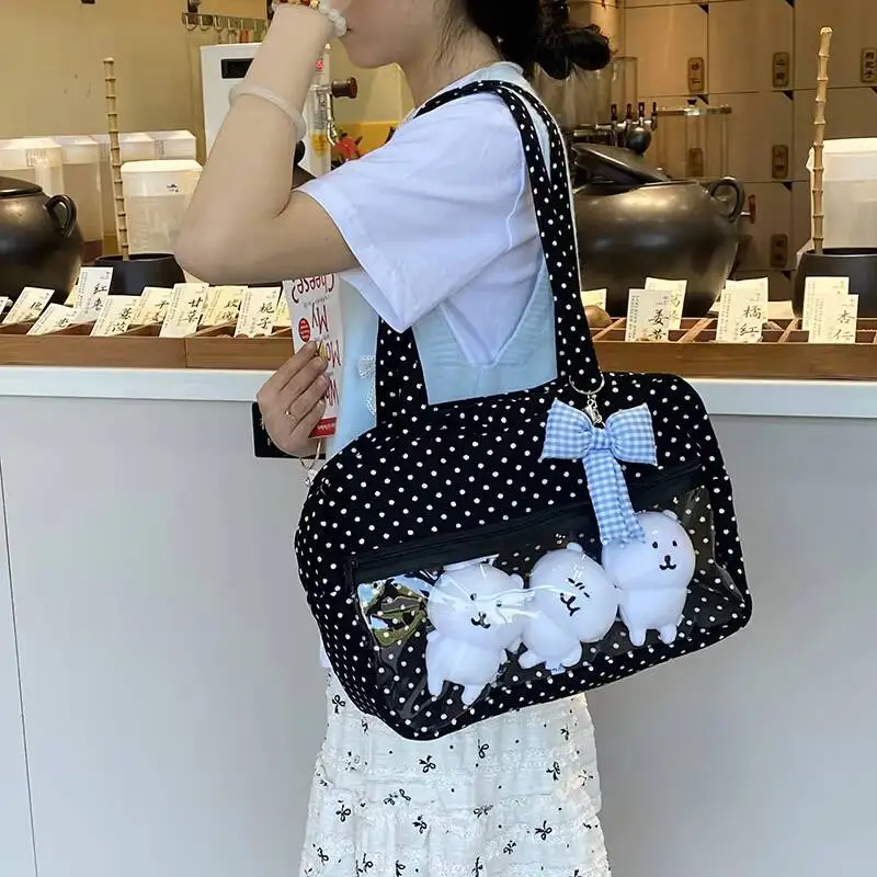 New Y2k Cute Ita Bag Girls Transparent Shoulder Bag Fashionable Large Capacity Polka Dot Canvas Tote Bag Casual Commuter Handbag view 6