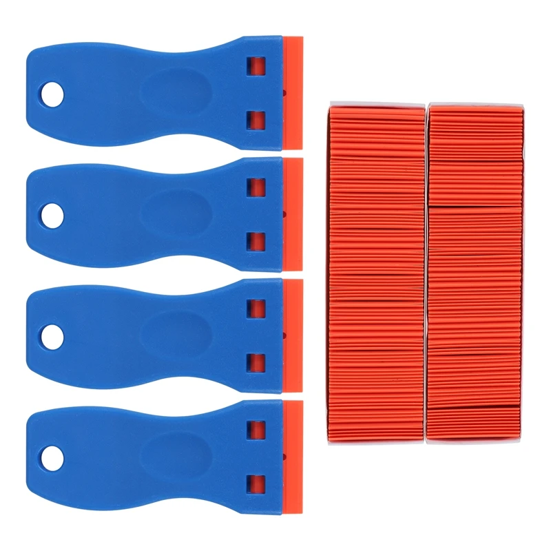 4 Pcs Plastic Razor Blade Scraper And 200 Pcs Blades, Remove Label Decal Tool For Stickers, Gaskets And Paints On Window