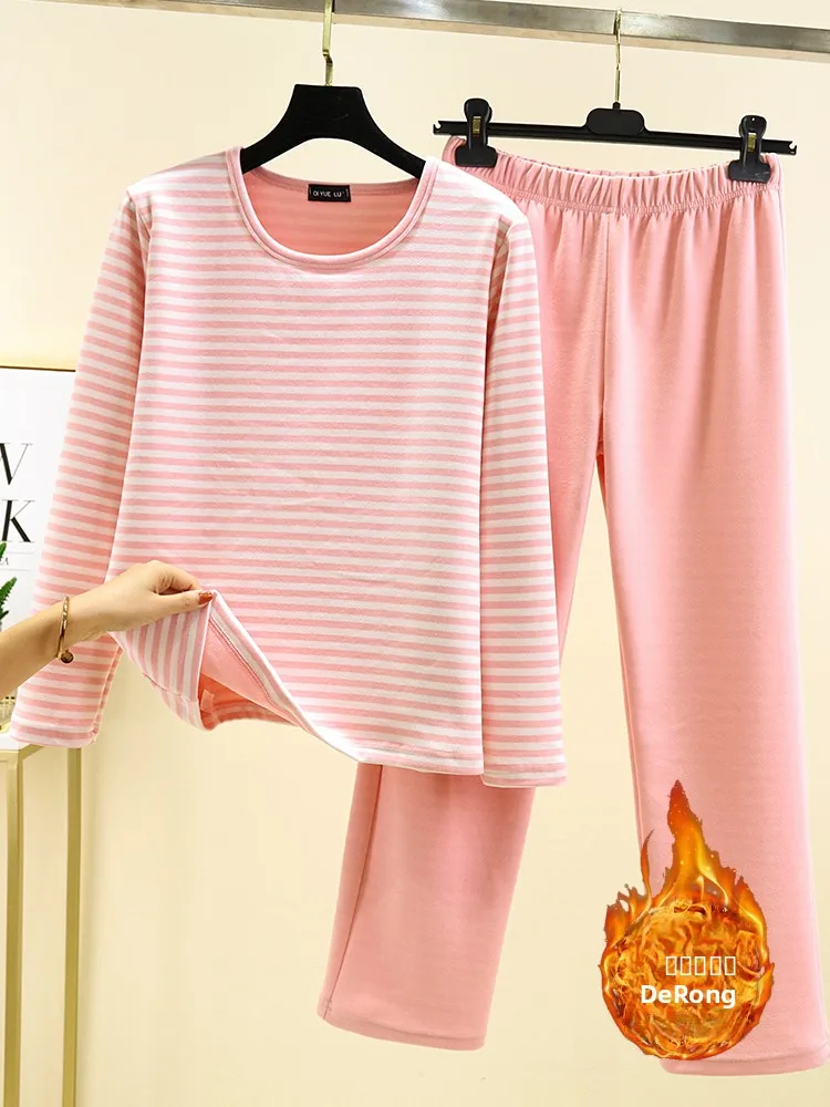 Thiened Fce Pajamas Set Women's Winter Home Clothes Casual Long Sve round Ne Long Pants Velvet  Outerwear