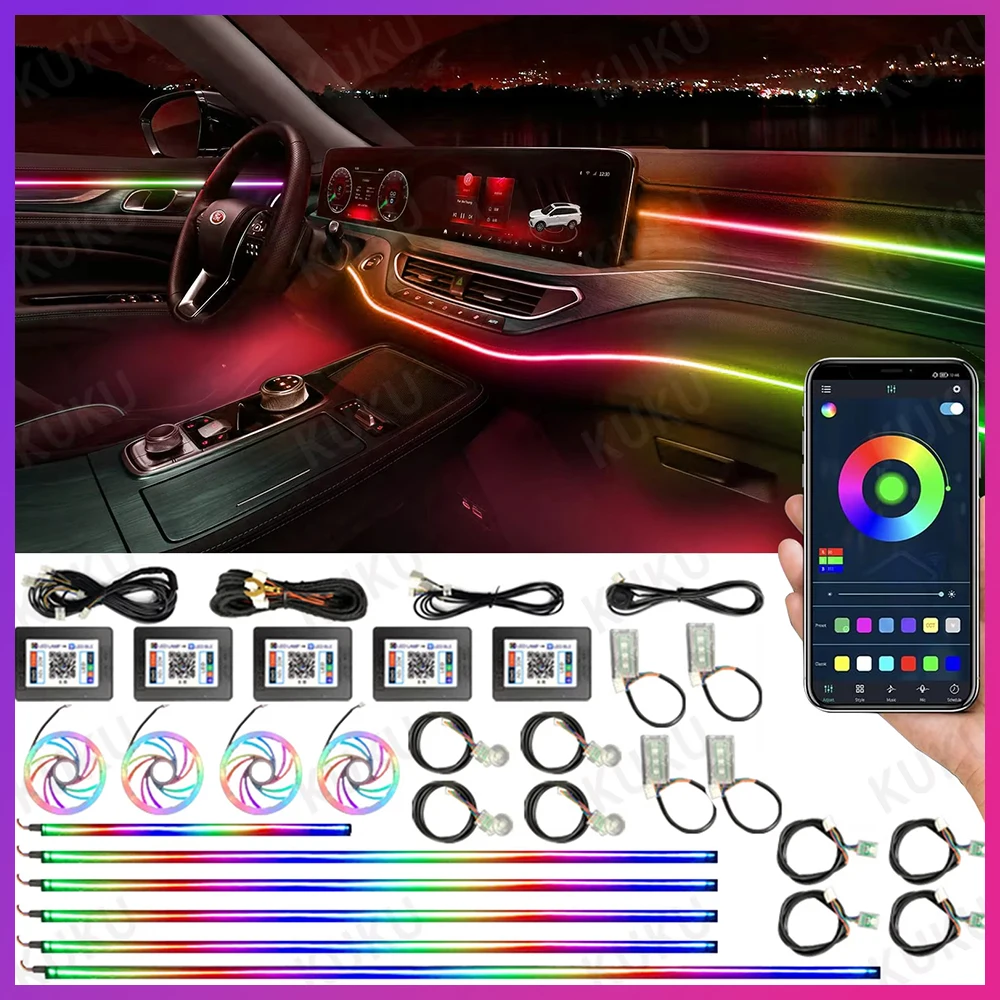 

Светодиодная автоматическая атмосфера интерьера, 64 оттенка, динамические радужные эффекты, приложение для смартфона, настраиваемая, с несколькими эффектами, скрытая полоса