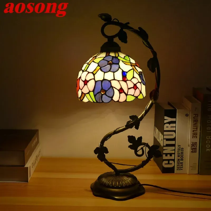 

AOSONG Tiffany Table Lamp American Retro Living Room Bedroom Lamp Luxurious Villa Hotel Stained Glass Desk Lamp