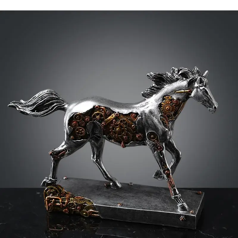 Mechanical Horse Resin Crafts Ornaments Animal Sculpture Abstract Modern Home Decoration Silver Gear Figures Accessories