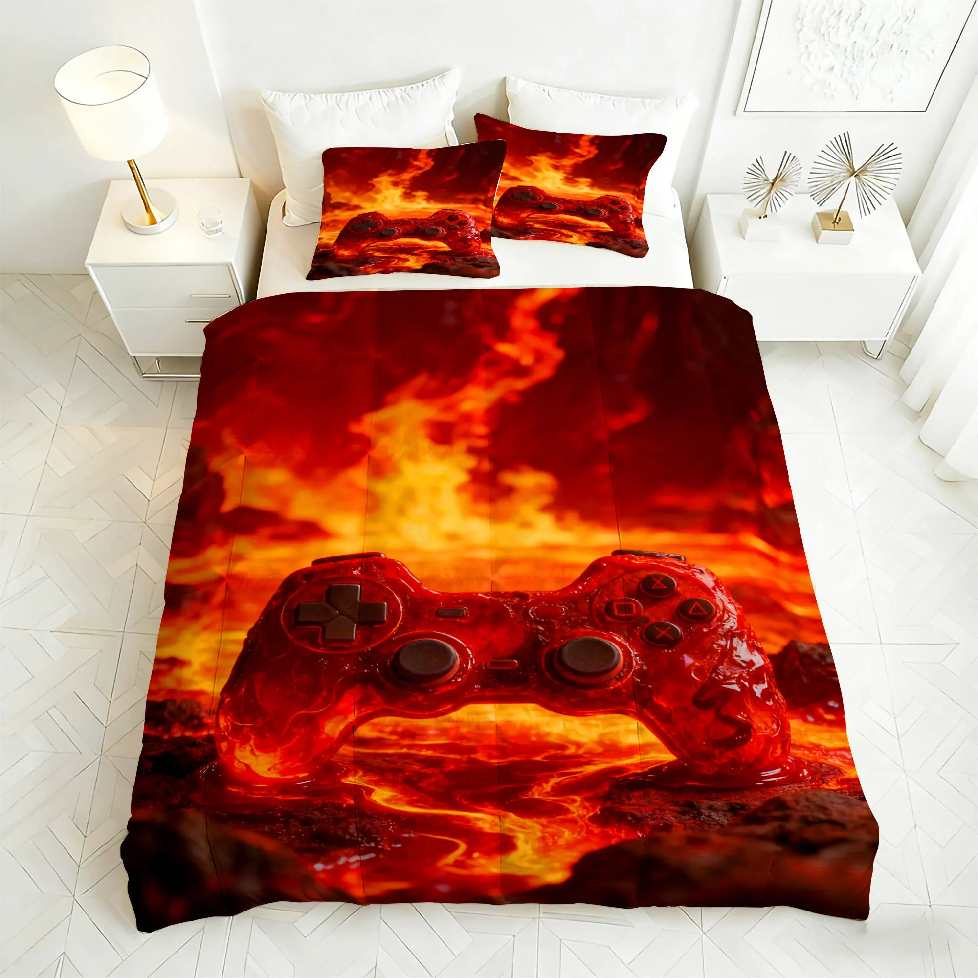 طقم سرير لحاف ألعاب مكون من 3 قطع - قطعة واحدة + 2 قطعة سادات ناعمة قابلة للتنفس للديكور المنزلي (Gamepad 02)