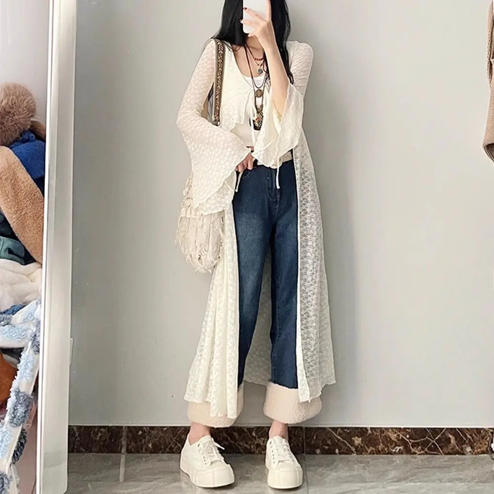 2026 Summer New Lace Oversized Cardigan Girl V-neck Up All-match Shirts Mid-length Long Sleeve Tops Women Korean Fashion Clothes