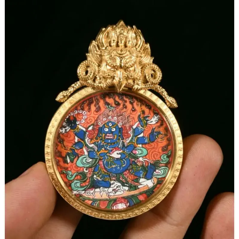 

Tibet bronze gilt painting Mahakala Buddha winged Garuda bird Amulet pendant