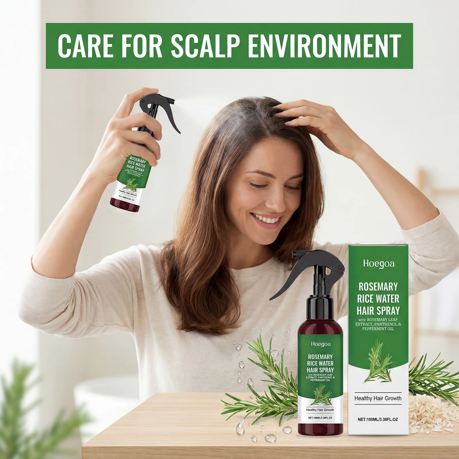 Rosemary & Rice Water Hair Growth Spray Peppermint Strengthening Hair Root Repair Damaged Hair Mild Moisturizing Scalp Treatment