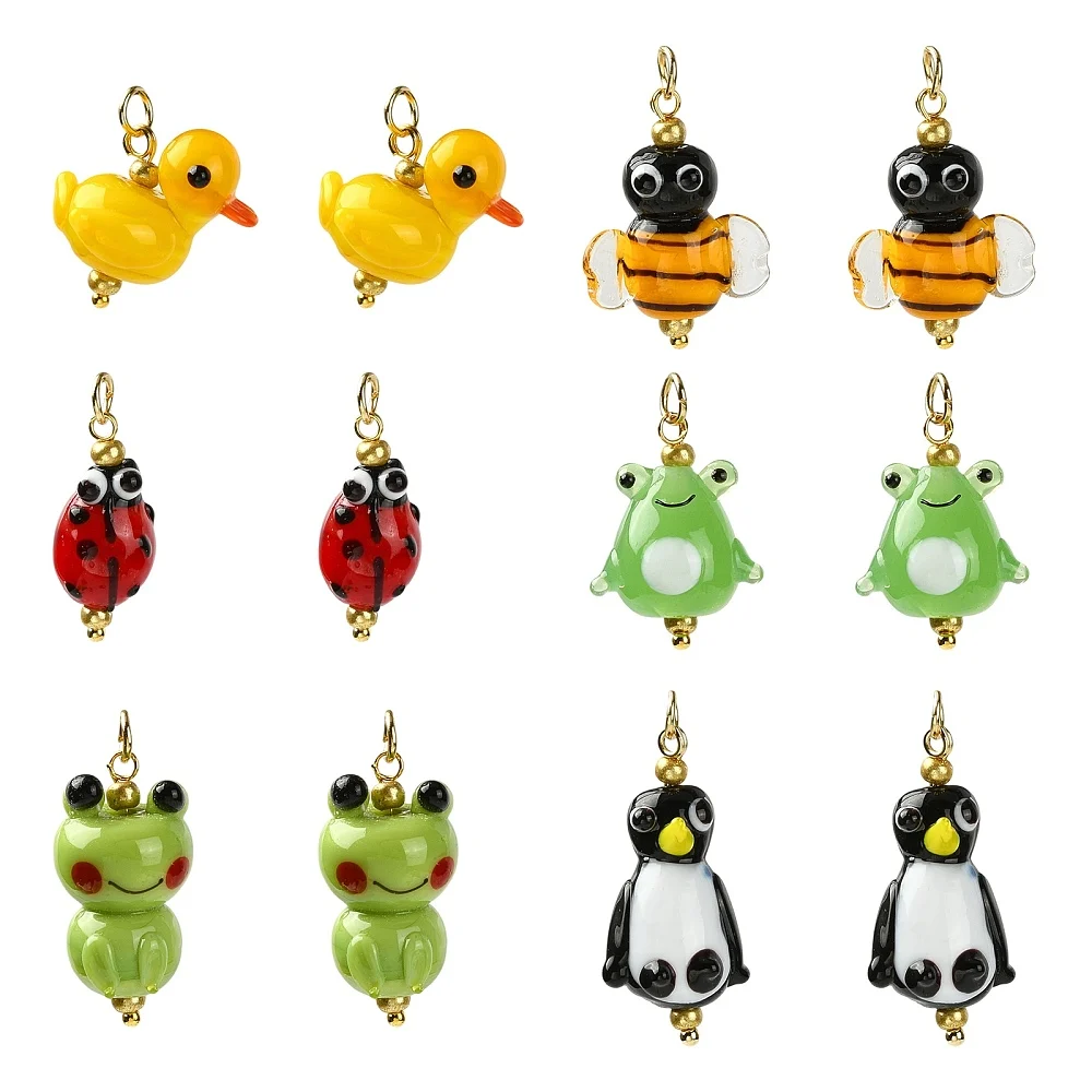 12pcs Handmade Lampwork Glass Animal Charms Duck Bee Ladybug Frog Penguin Pendant for DIY Jewelry Making Necklace Bracelet Craft