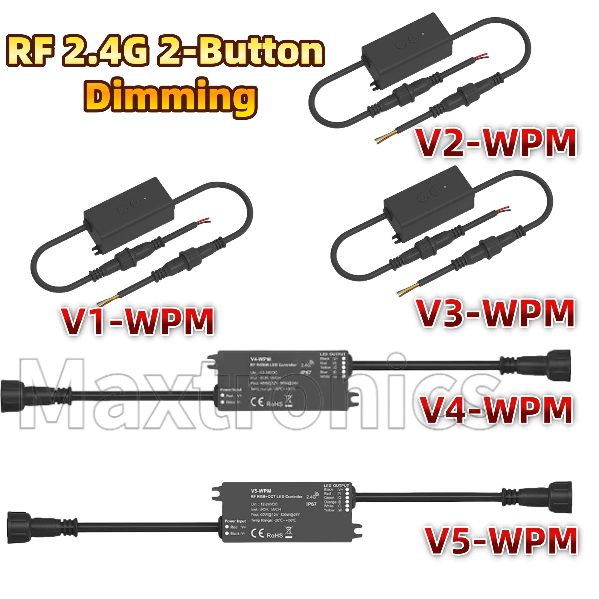 

V1/2/3/4/5-WPM Skydance LED Controller Constant Voltage DC12-24V IP67 CCT/RGB/RGBW/RGB+CCT Waterproof RF 2.4G 2-Button Dimming