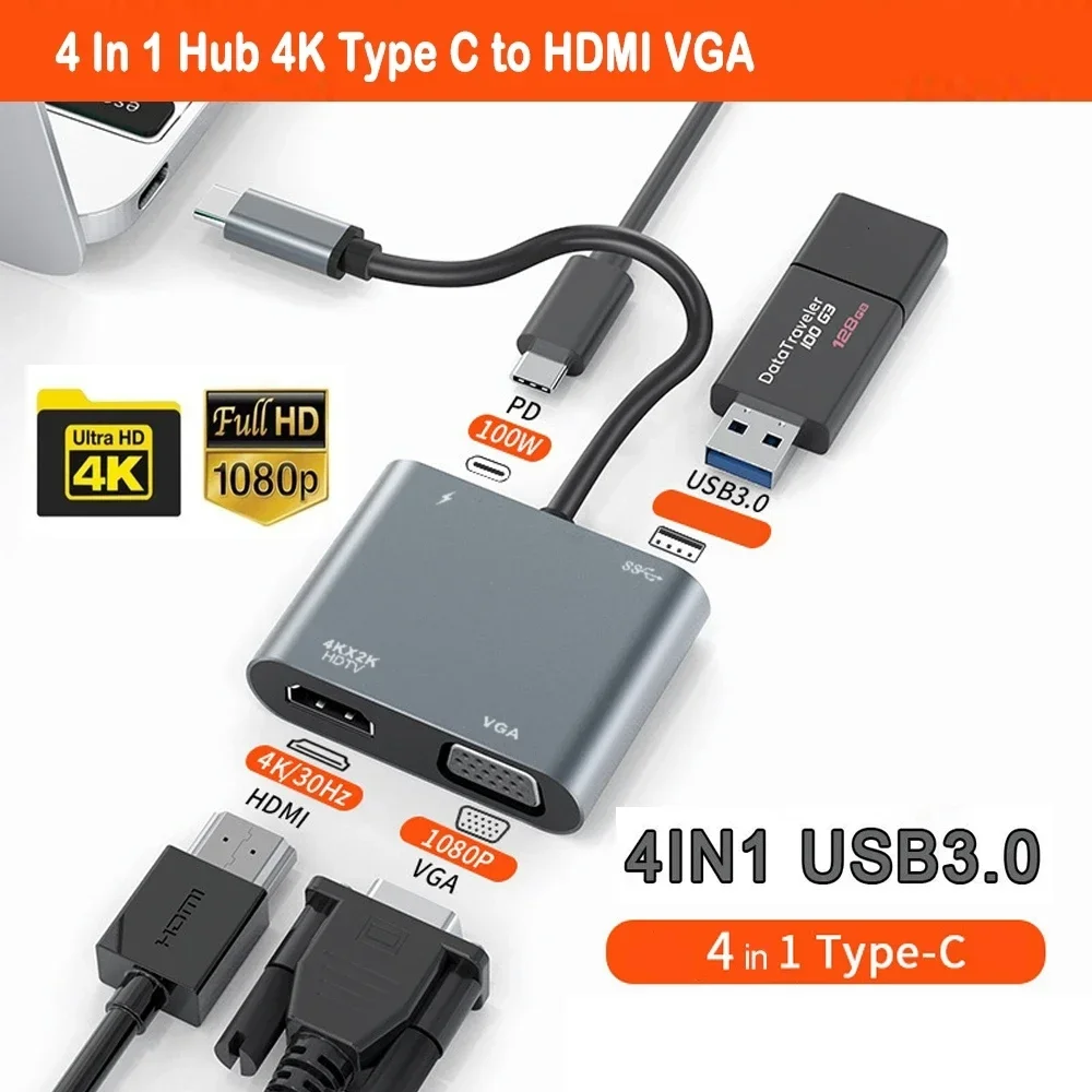 Digital AV Multiport Adapter –4 in 1 USB C To HDMI-Compatible VGA Type-C, Fast Charging Thunderbolt 3 Converter To 4K 1080P