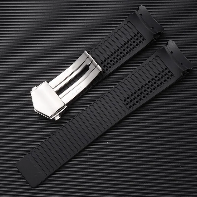 Classic Curved End Silicone Rubber Watchband Letters 20 22 24mm Black Folding Clasp Strap Fit For TAG Heue Carrera Calibre Watch