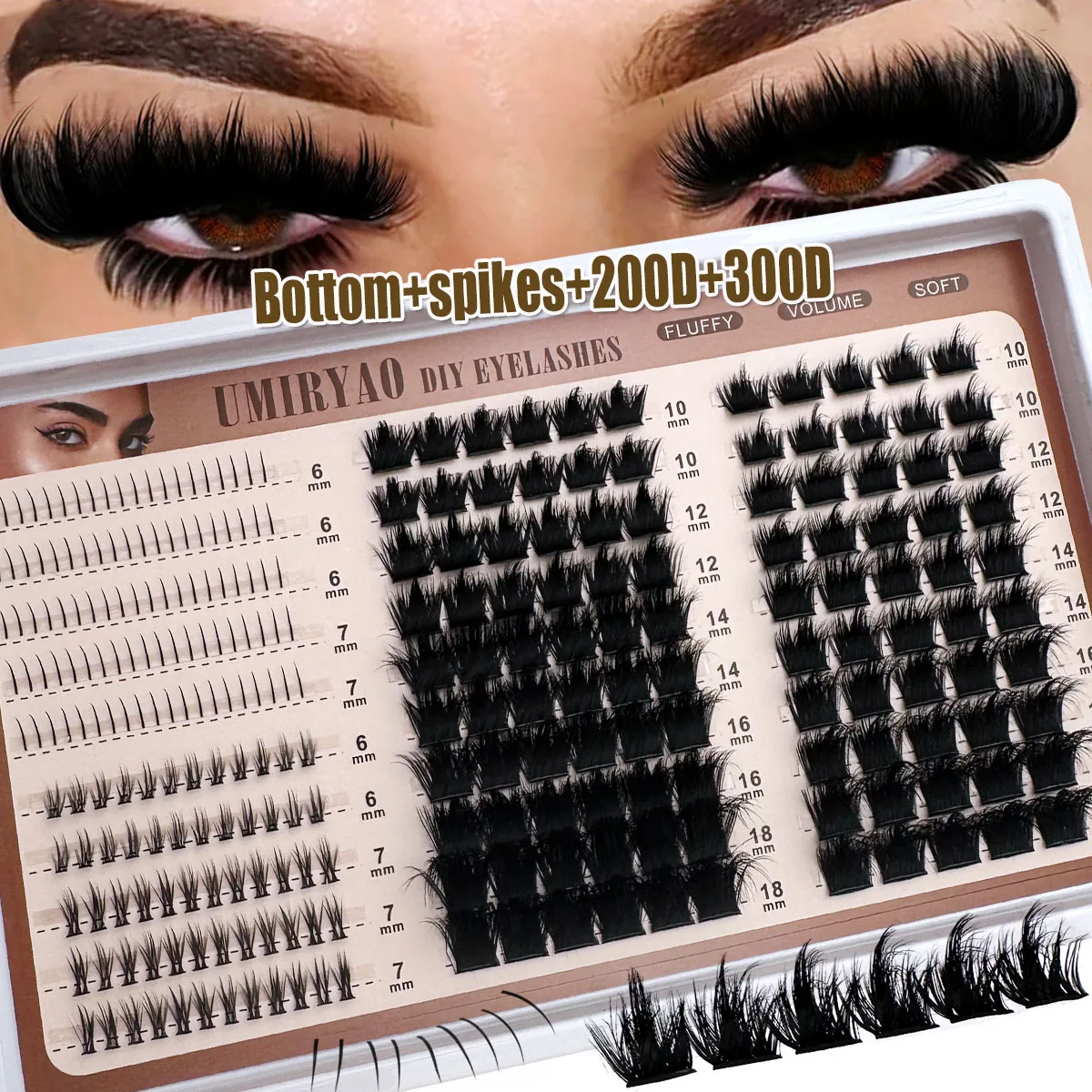 Spikes+Bottom+300D-60D Fluffy Lash Clusters 4 IN 1 Eyelash Clusters Spikes Eyelash With Bottom Lashes Clusters Thick Cluster Eye