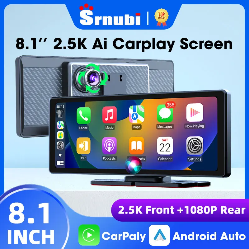 

Srnubi 8.1" 2.5K+1080P Car DVR 1440P Dashcam Car Radio Wireless Carplay Android Auto Video Recorder with Bracket WiFi Bluetooth