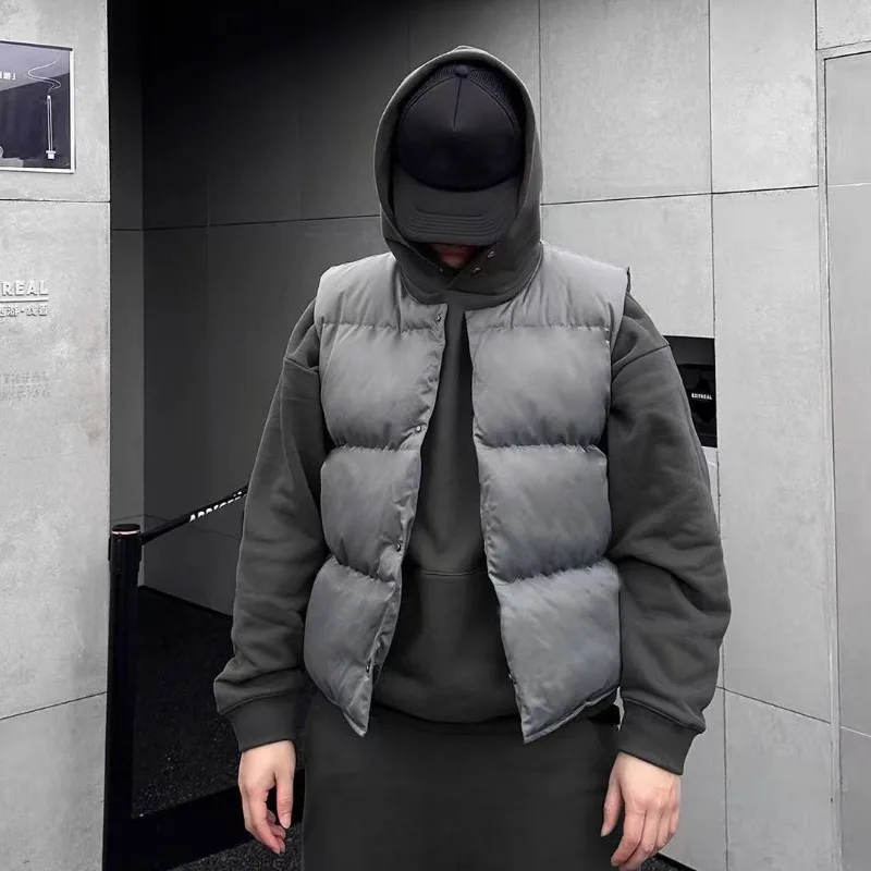 American High Street Style Thick Vest Winter Warm Sleeveless Cotton Padded Coats Men Basic Bread Vest Parkas Single-breasted