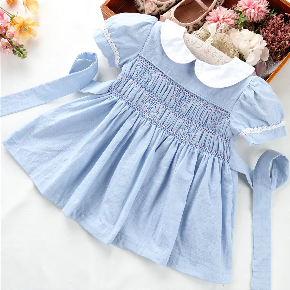 

Kids Short Sleeve Smocked Dress For Girls Summer 2023 Embroidery Cotton Blue Dresses Outfit Party Children Clothes For 1-5 Years