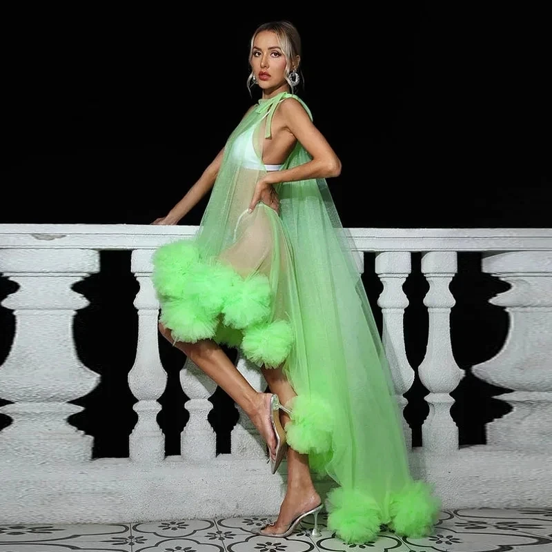 Sexy Neon Green Party Gown High Low Off Shoulder Illusion Prom Gowns  Transparent Full Floor Length Maxi Dress Fro Woman