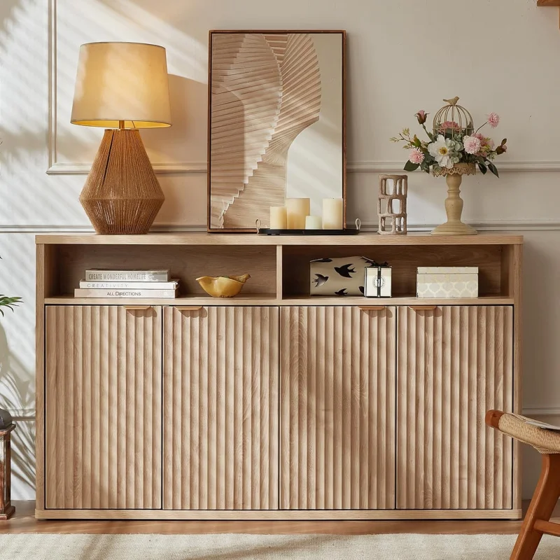 

Modern Fluted Sideboard Buffet, 55 Inch Natural Oak Credenza with 4 Storage and Open Shelves, Stylish Accent Console