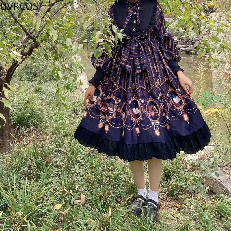 Japanese Victorian Vintage Lolita OP Dress Women Gothic Bow Records of Stars and Sea Print Elegant Princess Dresses Girly Kwaii