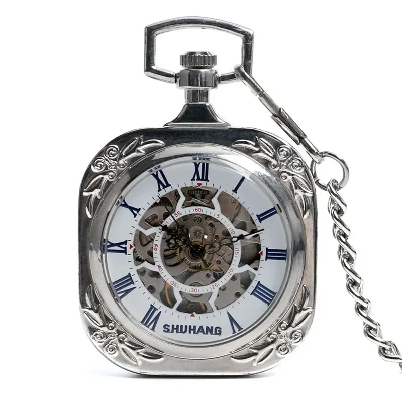 Antique Square Shape Pocket Watch Unisex Handwinding Mechanical Watches Open Face Design Roman Number with Pendant Chain Clock