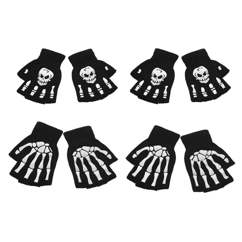 AliExpress 1-4pair Gloves Unisex Halloween Skeleton Skull Half Finger Gloves Glow In The Dark Fingerless Stretch Knitted Winter Mittens
