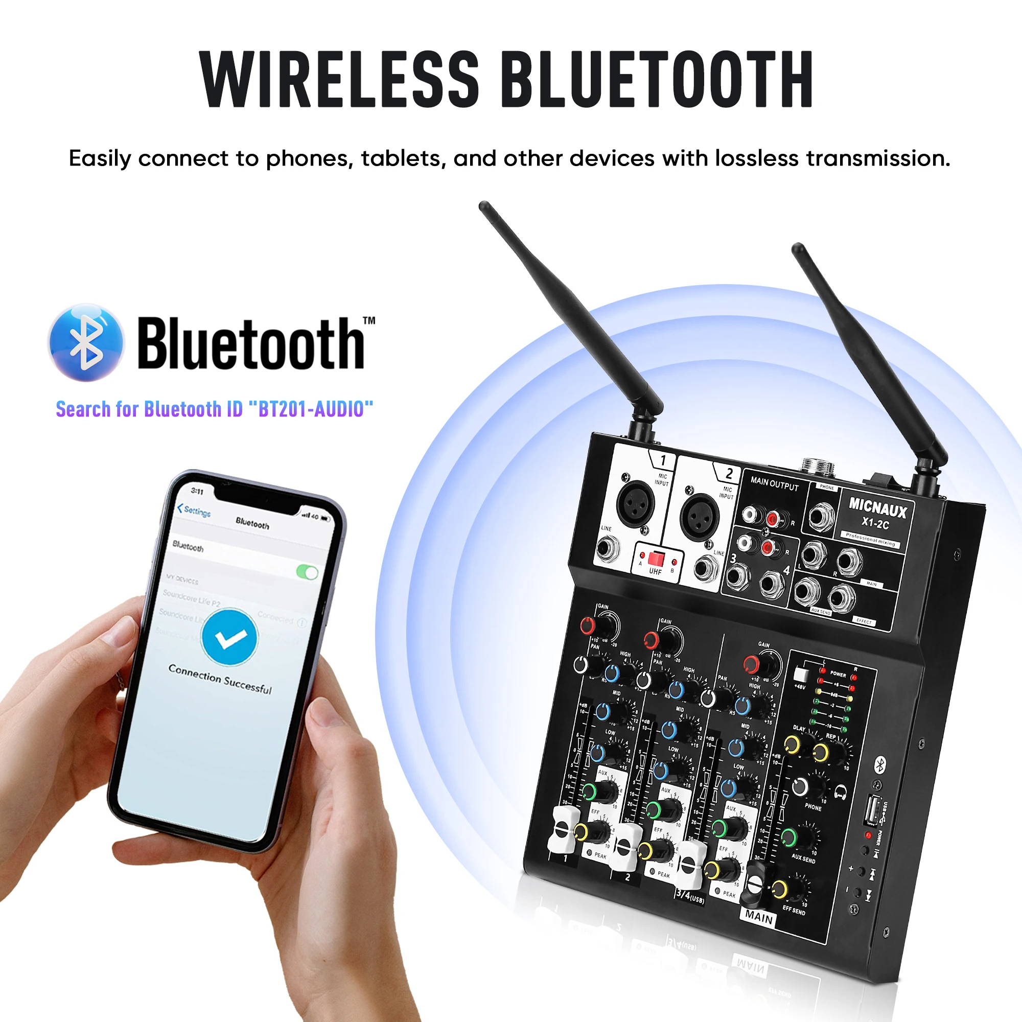 FULUODE X1-2C Audio Mixer with Wireless Microphone USB Sound Table Bluetooth Console DJ Mixing for Party Karaoke Machine