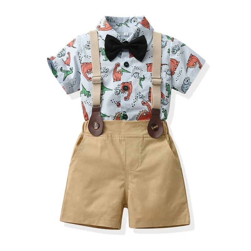New children's bow tie dinosaur print short sleeve shirt men's backpack shorts two-piece summer Korean suit