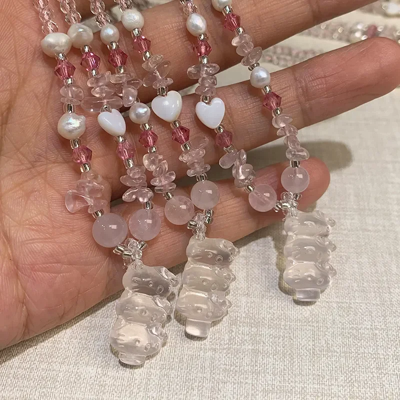 Powder crystal necklace exquisite three-dimensional cat beaded neck chain cute sweet pink crystal kitty sweater chain