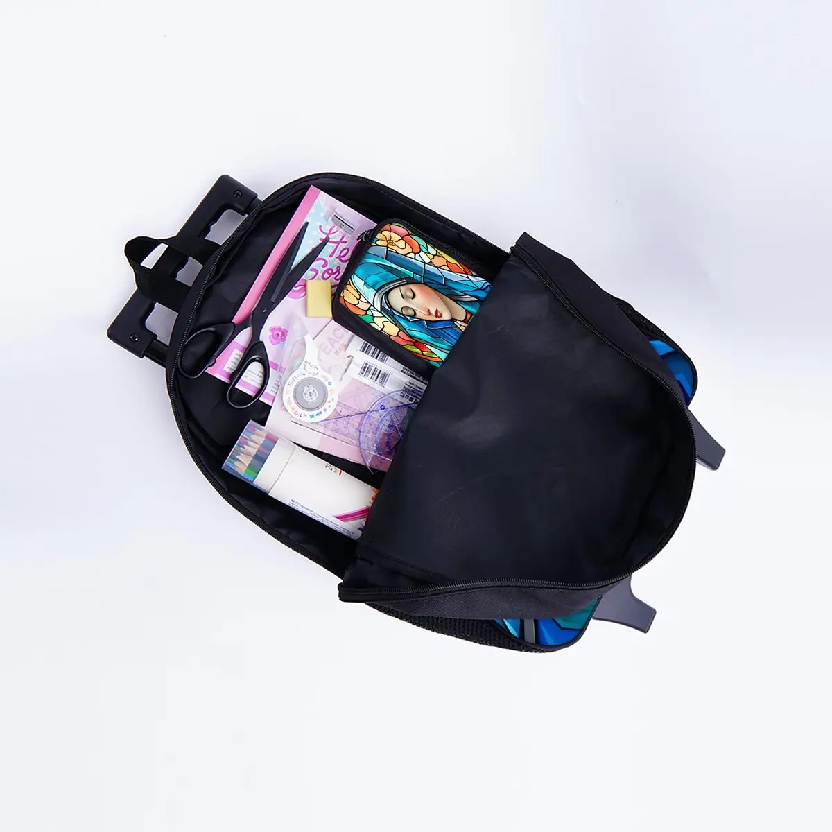 Set Tas Troli Beroda Motif Bunda Maria dengan Kotak Makan dan Tempat Pensil, Tas Ransel Troli Sekolah untuk Anak Perempuan/Laki-laki