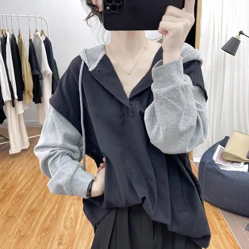 Fashion Spliced Shirring Fake Two Pieces Hoodies Sweatshirts Female Clothing 2023 Winter Loose Casual Tops Korean Sweatshirts