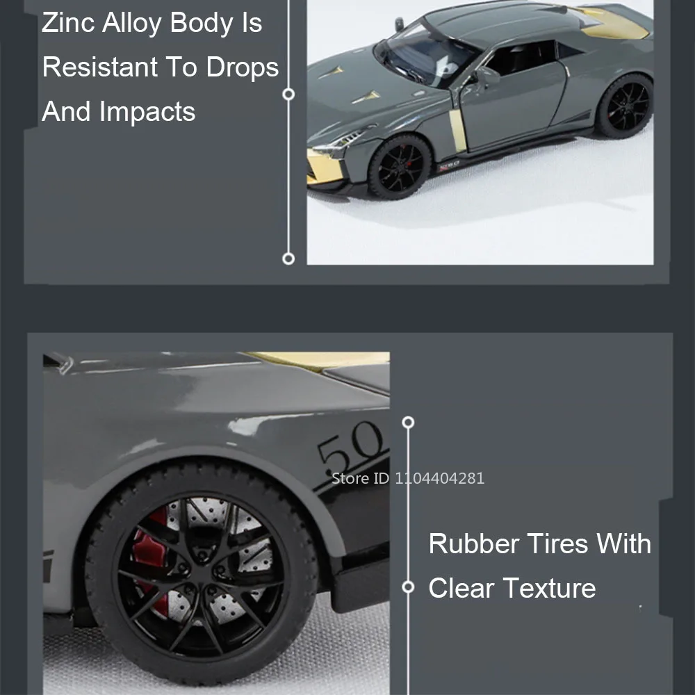 1:32 GTR50 R35 Model Diecast Alloy Car Toys Doors Opened with Sound Light Pull Back Miniature Vehices Decoration Home Collection