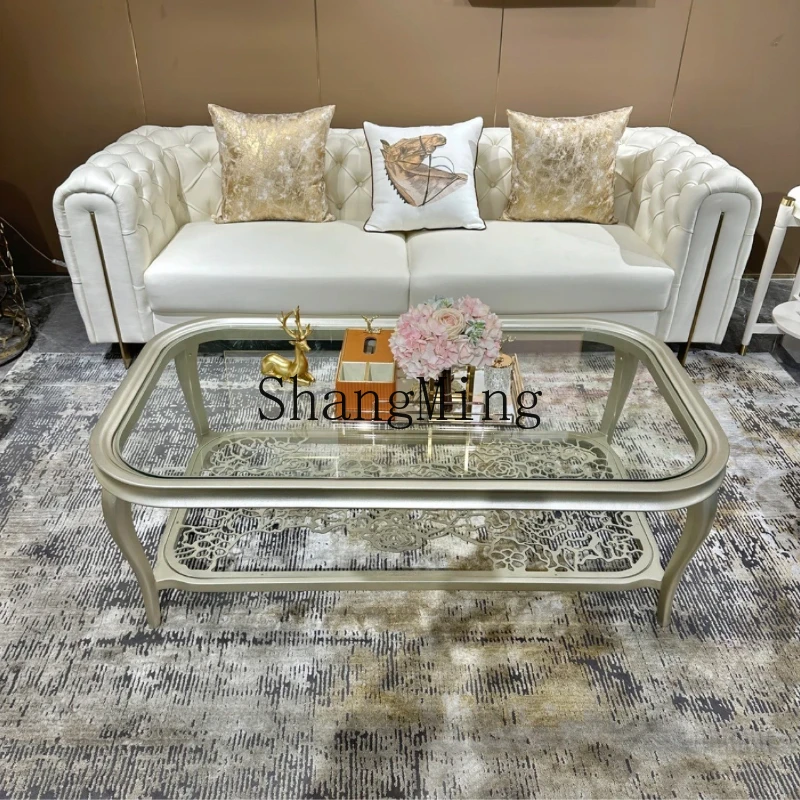 

ZYY light luxury long coffee table premium solid wood champagne gold champagne silver double layer fashion coffee table
