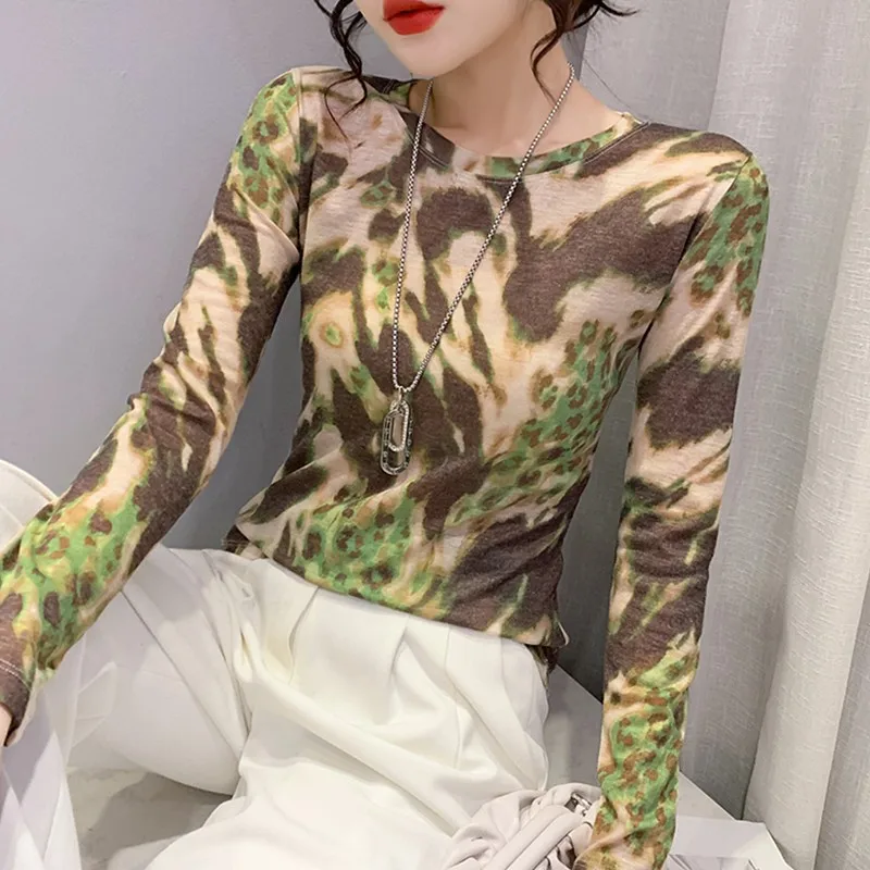 Faionable bedrukt lang Sve rond Ne T-shirt dames slim fit basis irt kleur Blo lente nieuwe Sle woon-werkverkeer Koreaanse Ve...