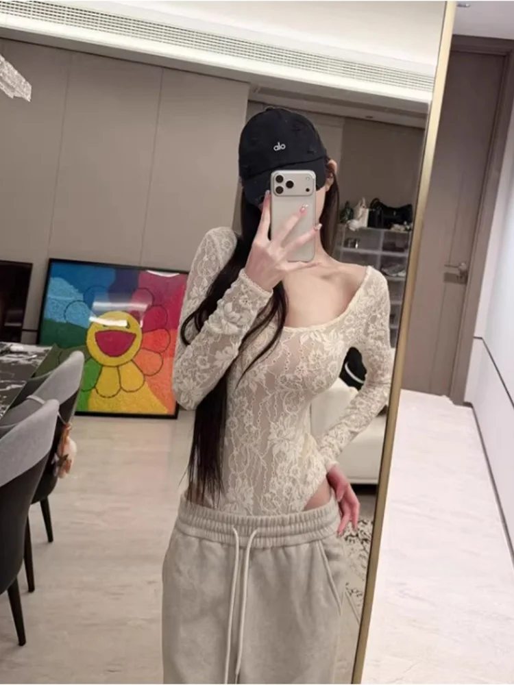 

Сексуальное корейское кружевное боди с длинным рукавом для женщин, облегающий базовый топ, весенний дизайн, уникальный индивидуальный корейский стиль