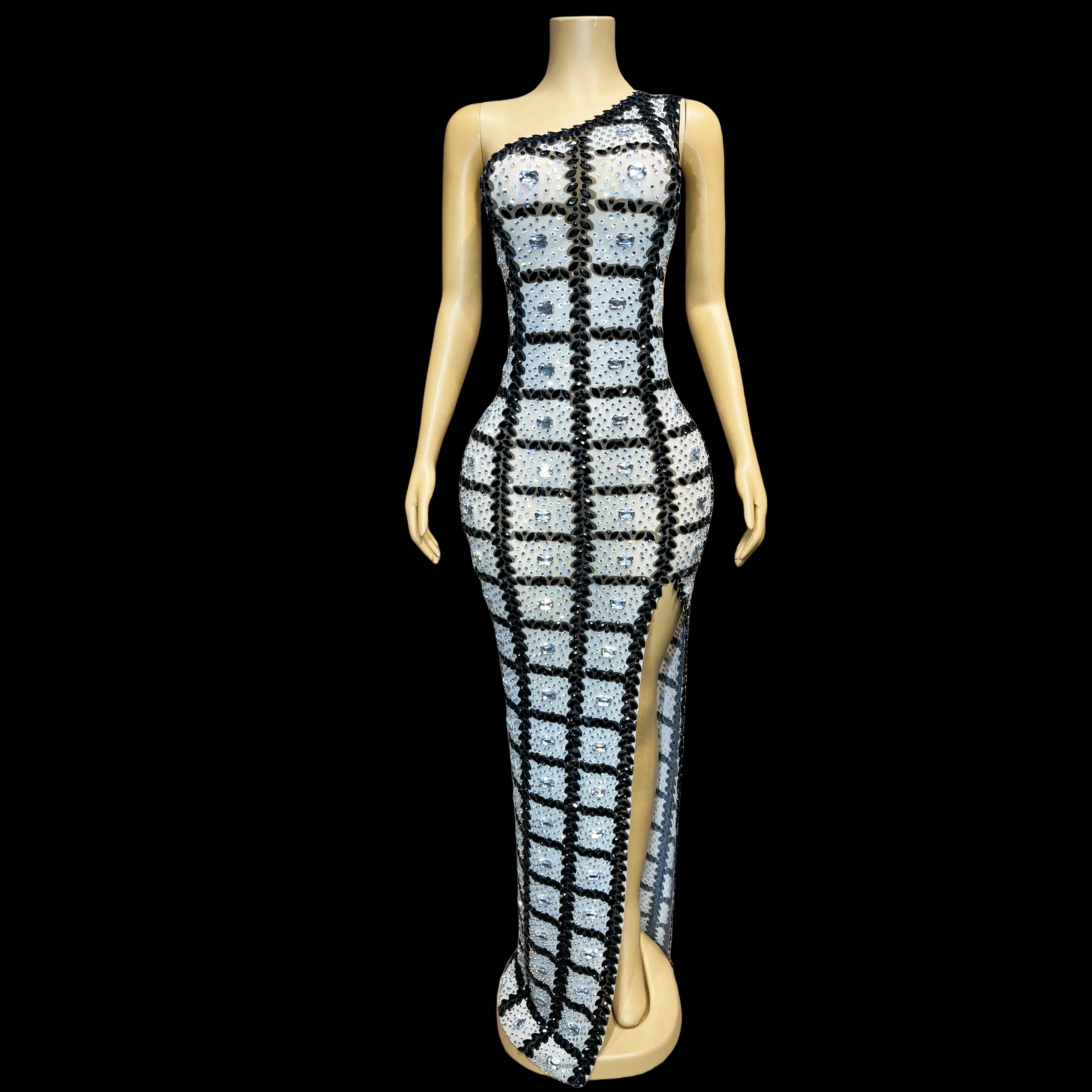 

Luxurious elegant evening wear shiny rhinestone one shoulder long skirt high slit ladies party red carpet dress Xingge