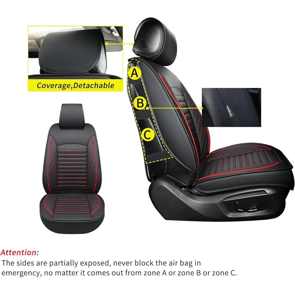 أغطية مقاعد السيارة ذات المقاس العالمي، زوج أمامي، أسود-أحمر، مادة جلدية لسيارات الدفع الرباعي والشاحنات #5
