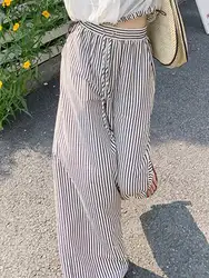 ZANZEA Women Striped Long Pants Korean Version Elastic Waist Straight Pantalons Holiday Summer Drawstring Trouser Casual Bottoms