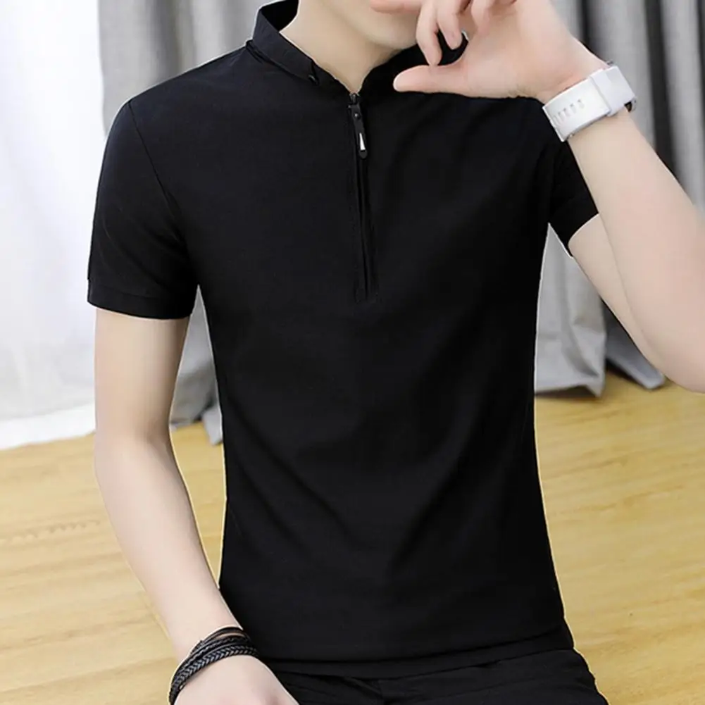 Men Solid Color T-shirt Stand-up Collar Slim Fit V Neck Zipper Tee Summer Business Casual Loose T-shirt Formal Business Shirt